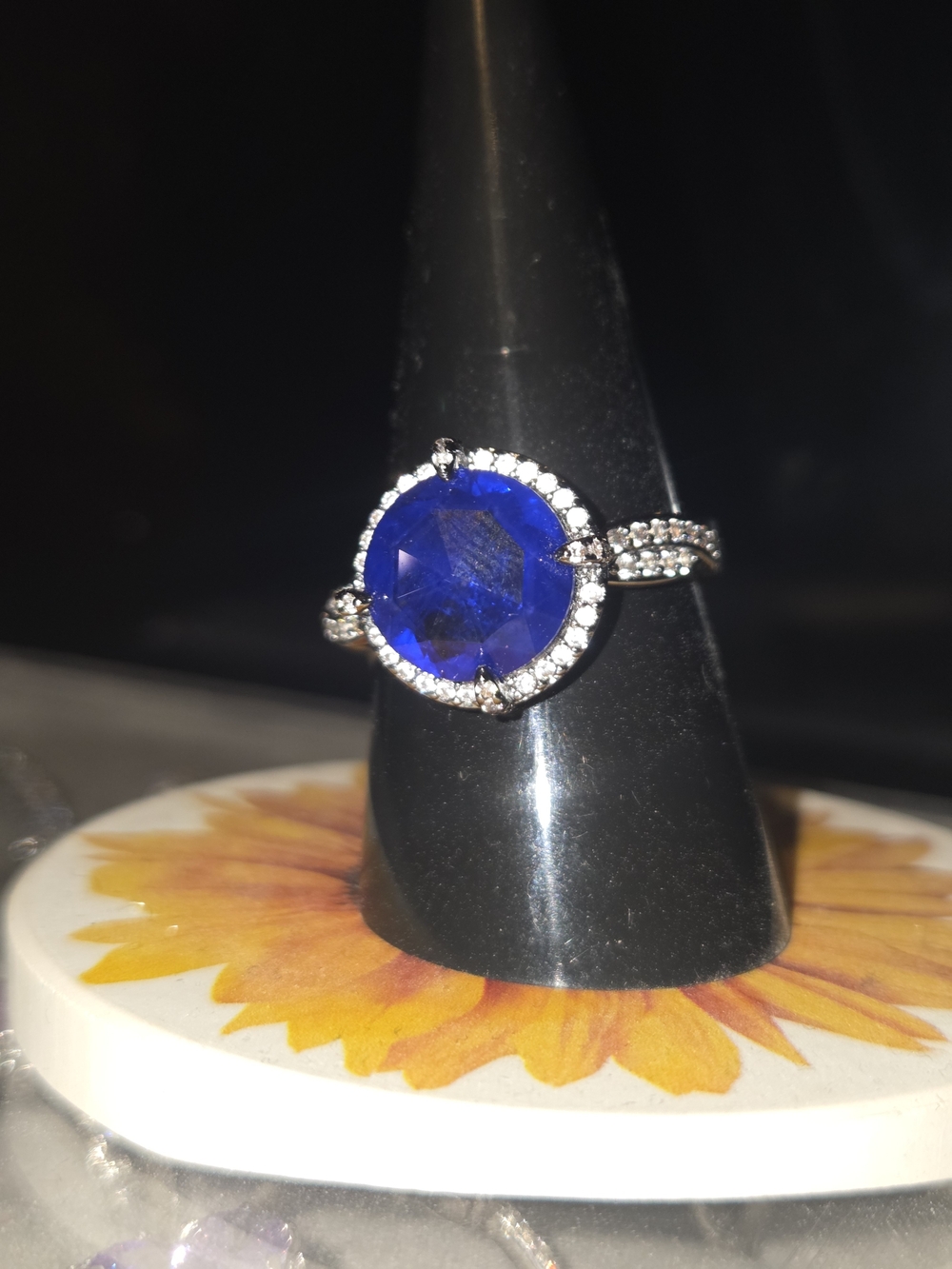 Sterling Silver Blue Halo Ring with Pavé Band
